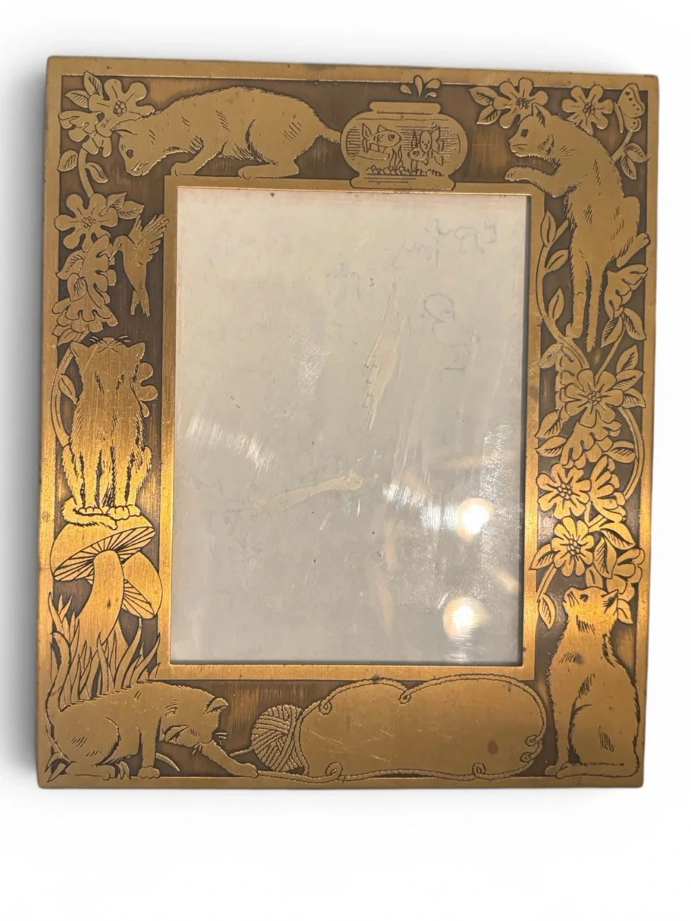 Vintage Brass Cat Art Nouveau Photo Frame MW Carr & Co Embossed 5” x 6” Stamped